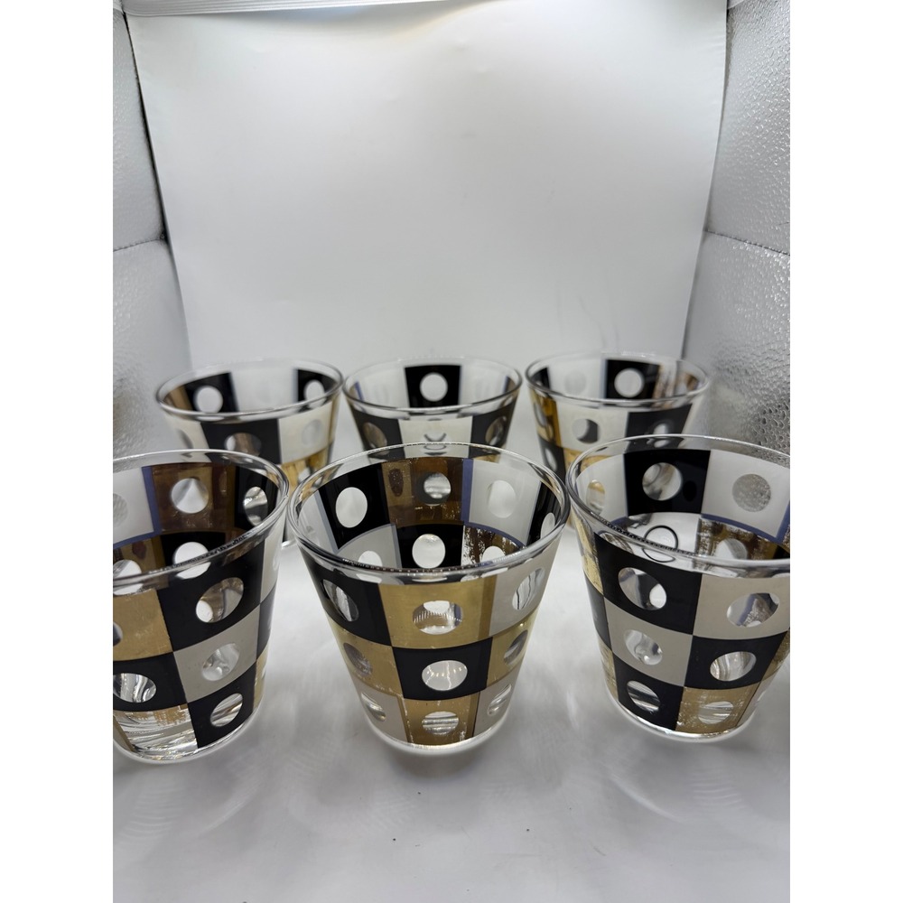 Vintage MCM Black Gold Checkerboard Polka Dot Rocks Glasses Set of 6